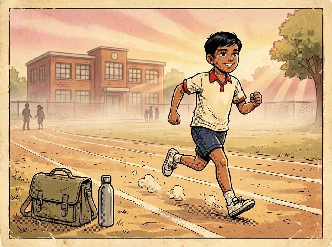 The boy runs laps at dawn on a dusty school ground