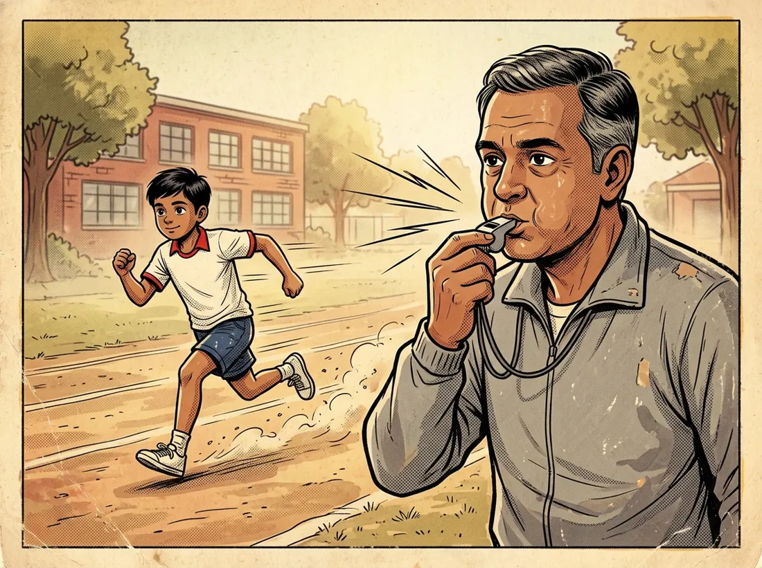 The coach blows his whistle as the boy sprints past