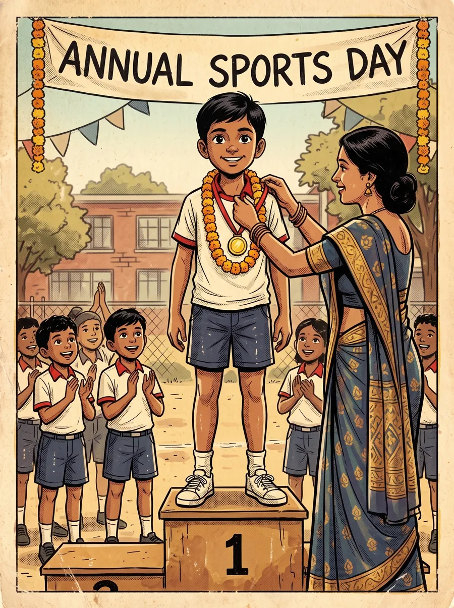The boy receives a gold medal on the school-ground podium