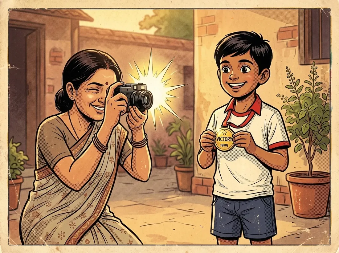 His mother photographs him with the medal on a film camera